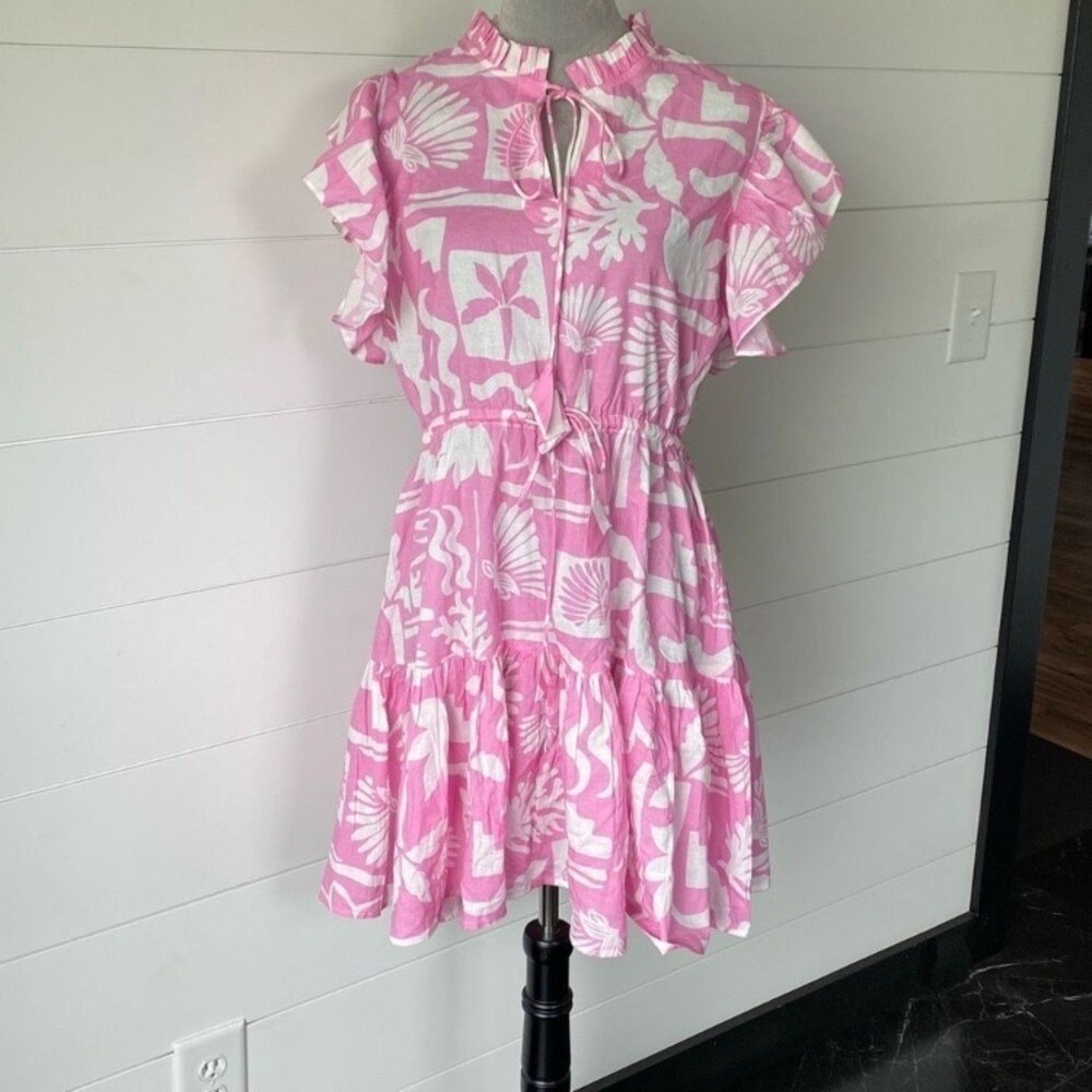WKND Alys Pink Floral Women's Dress Size‎ Large sea coral print shells cotton